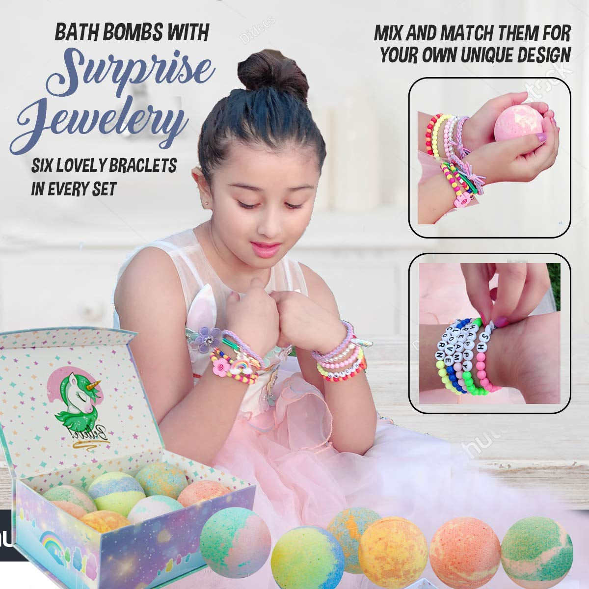 Unicorn Bath Bombs for Girls with Jewelry inside & Jewelry Box for Kids - Organic, Skin Moisturizing, Natural Bubble Bath Bombs for Kids with Surprise Toy Inside, Birthday Gifts for Girls