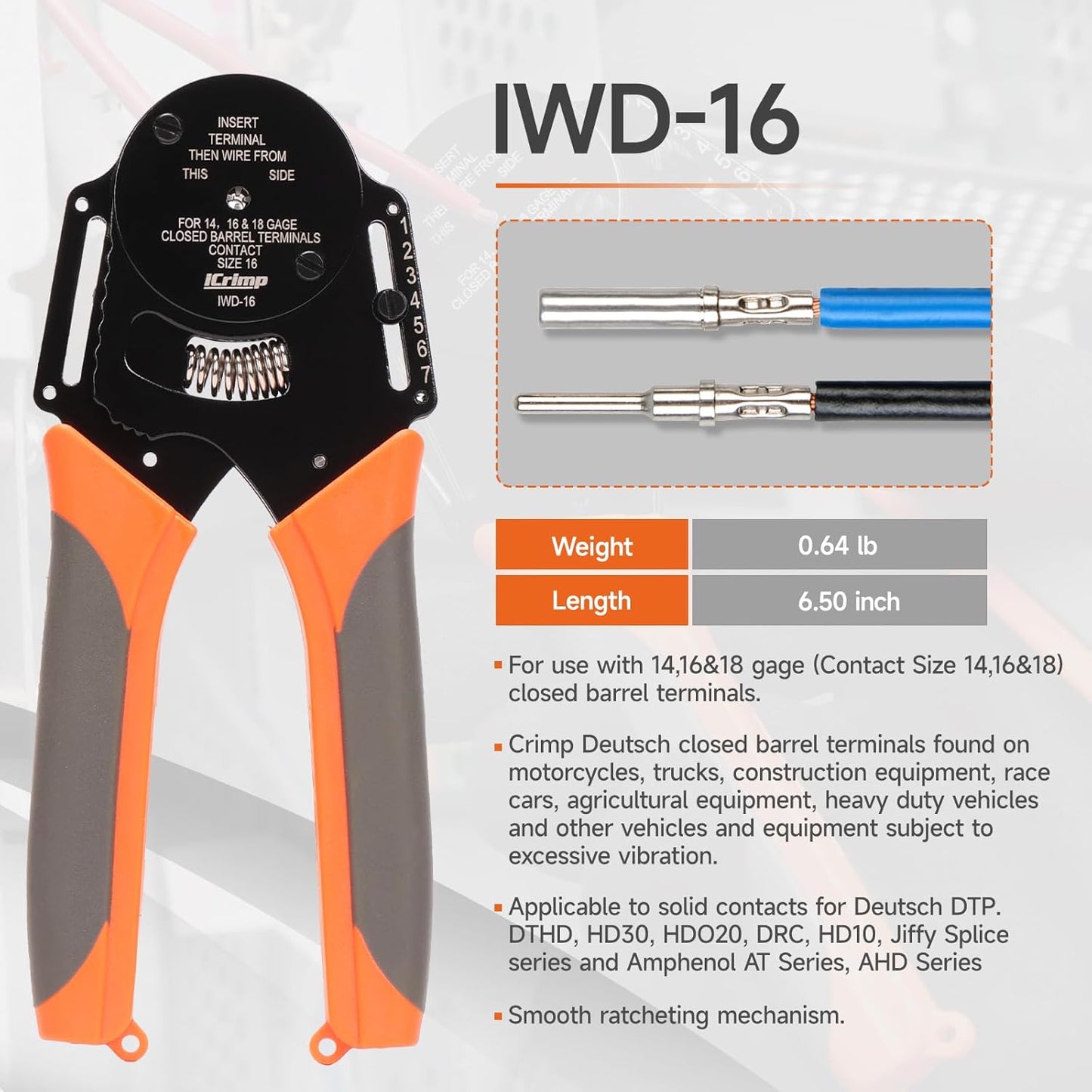 Icrimp Closed Barrel Crimper 4 Way Indent,8 Impression Type for Deutsch Solid Contacts Gage 14,16&18(IWD-16)