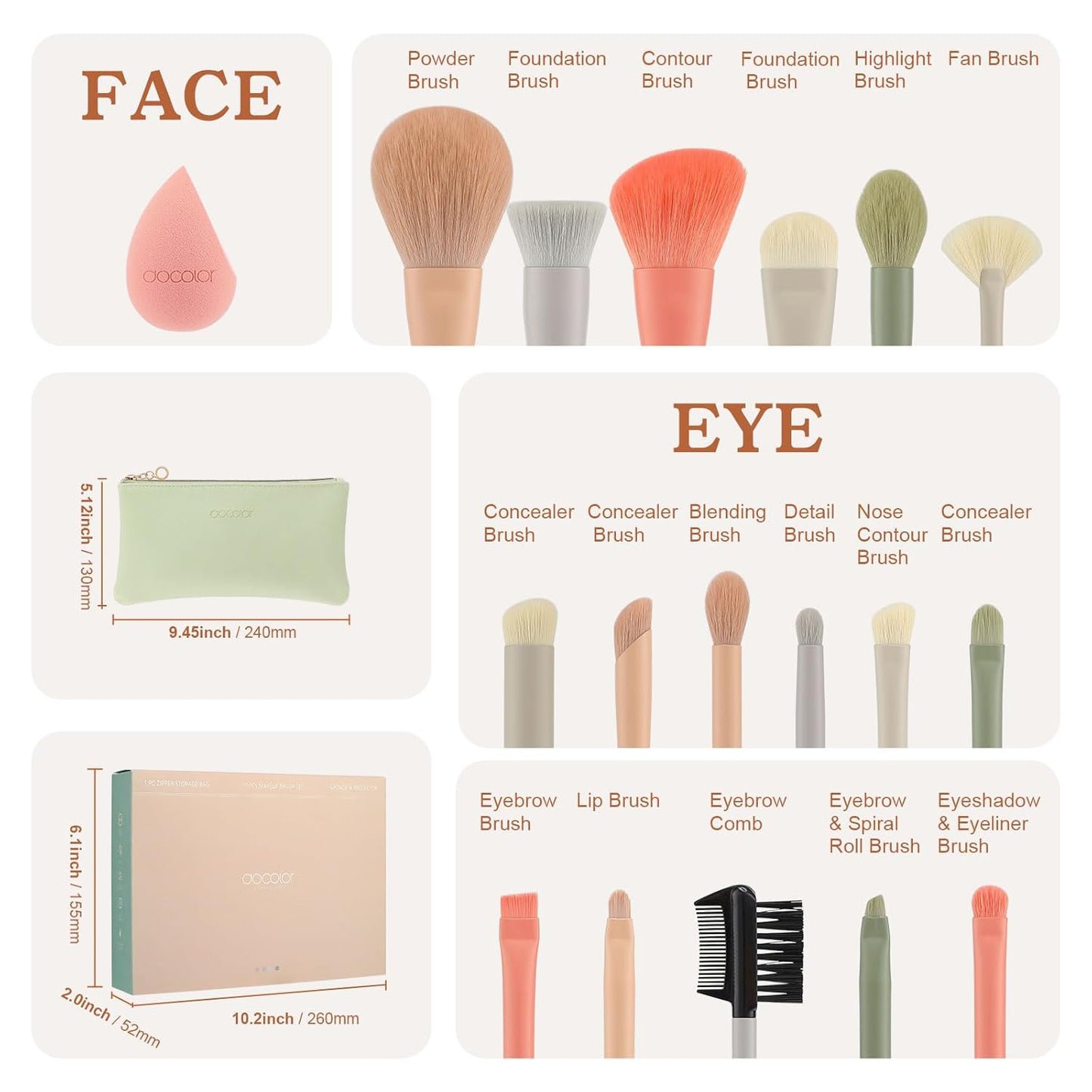 Makeup Brushes 17 Pcs with Makeup Bag and Makeup Sponge and Brush Protector Morandi Makeup Brush Set Premium Synthetic Hair Makeup Brush Wooden Handle Eyeshadow Brush Set
