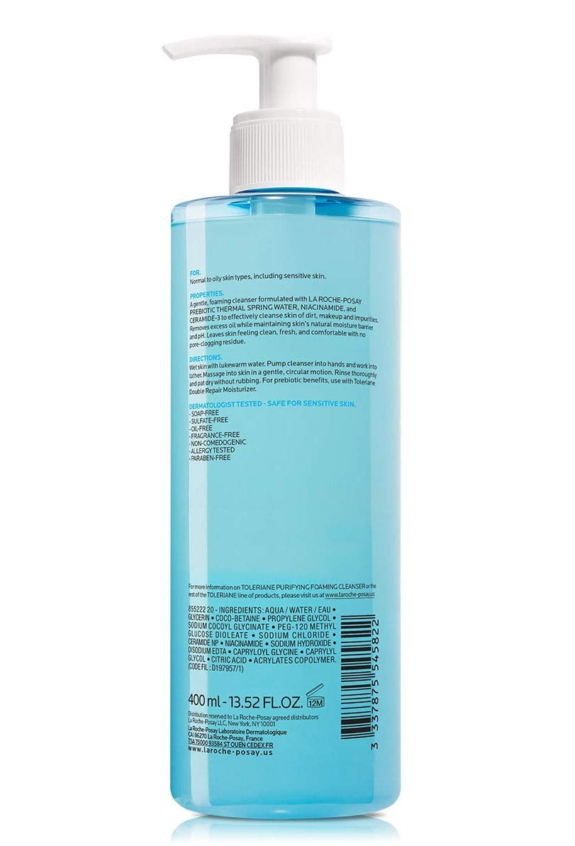 Toleriane Purifying Foaming Facial Cleanser, Niacinamide + Ceramides + Prebiotic Thermal Water, Oil Free Face Wash for Oily Skin, Pore Cleanser Safe for Sensitive Skin, Soap Free