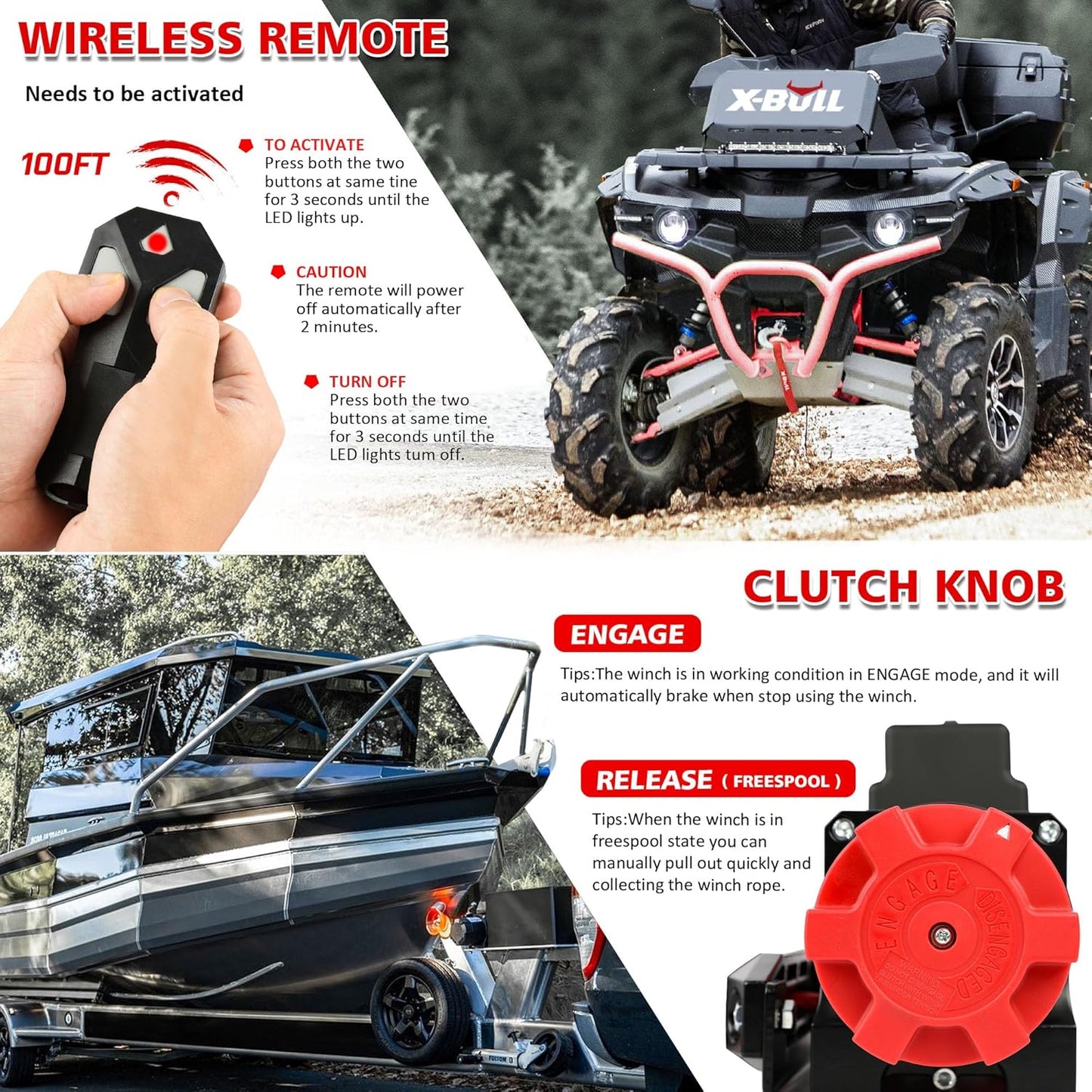 Winch 12V 6000Lbs Boat Trailer Winch with Remote Synthetic Rope 1/4 in X 55 Ft Hook Wireless Remote Handlebar Switch, Automatic Braking, Waterproof, for ATV UTV Powersports off Road
