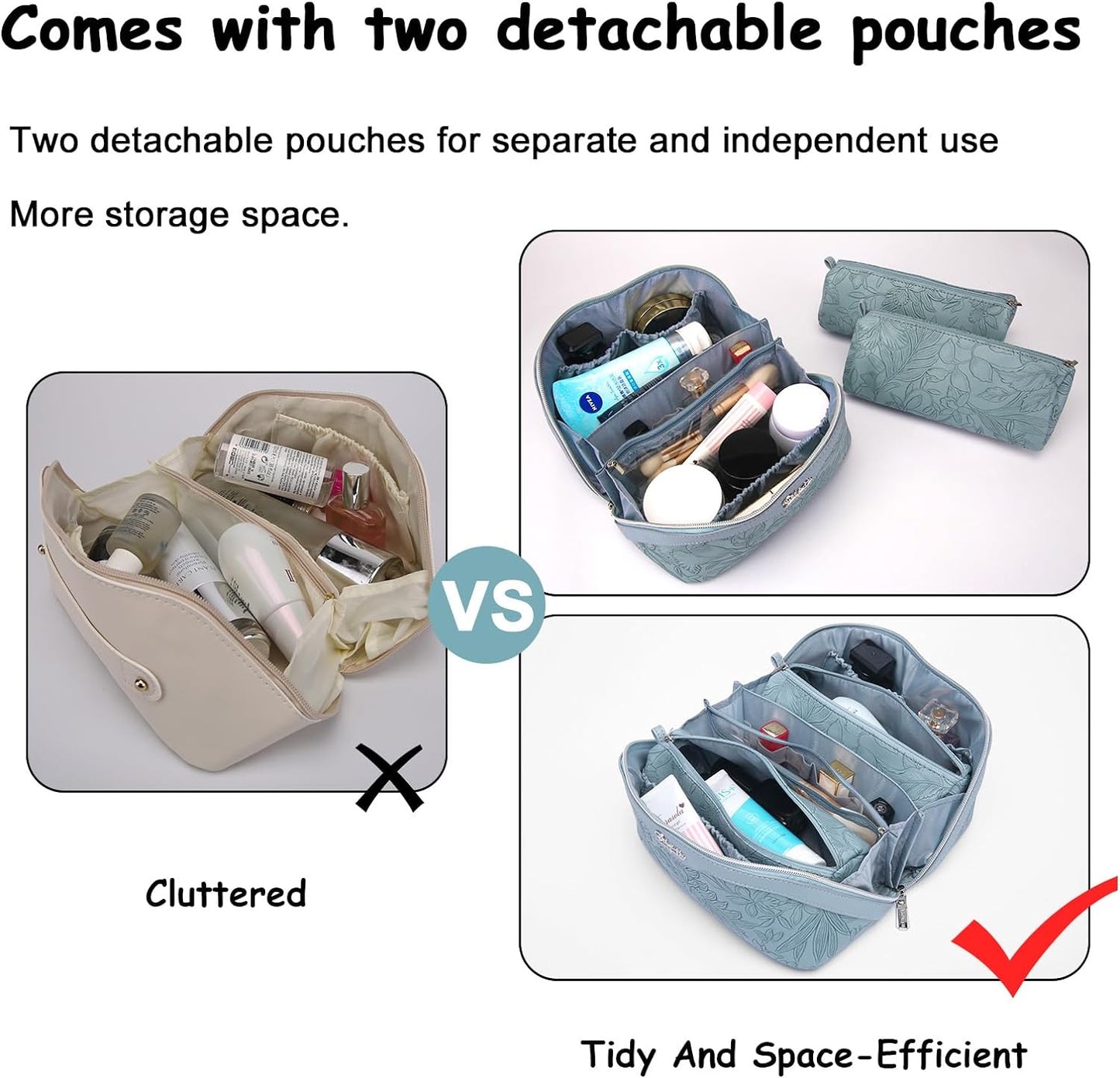 Travel Makeup Bags Cosmetic Organizer Bag: 3-Set Large Capacity Make up Bag - PU Leather Toiletry Bags for Women - Wide Open Portable Pouch with Divider & Handle (01-Light Blue)