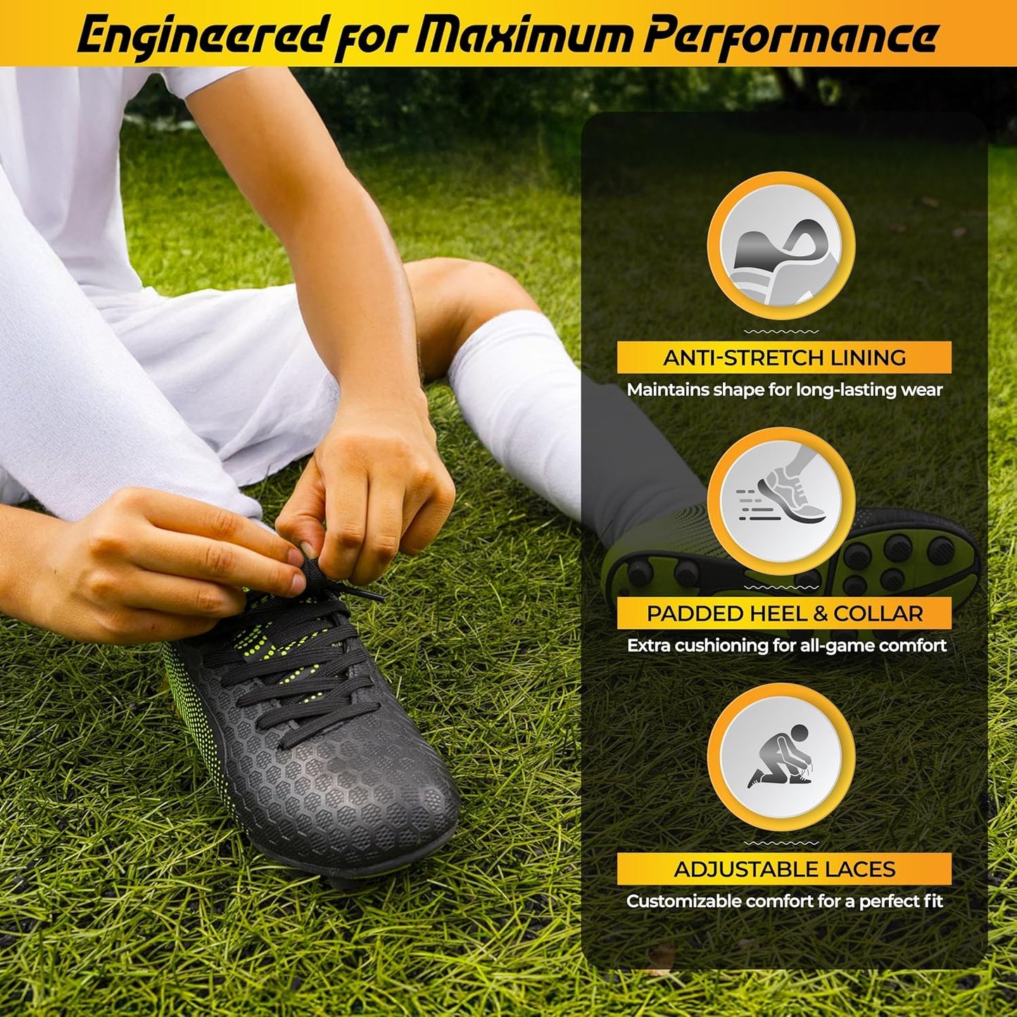 Stealth Firm Ground Soccer Cleats - Lightweight, Durable & Comfortable Youth Soccer Cleats with Excellent Traction - Boys Soccer Shoes with Padded Heel & Anti-Stretch Lining