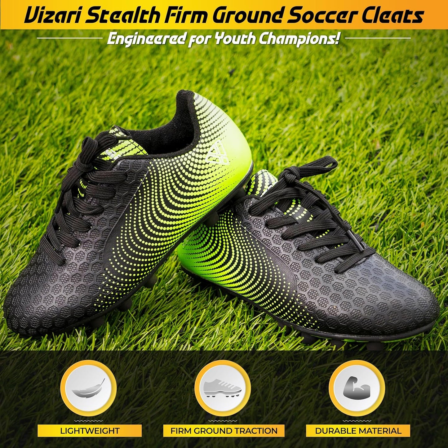 Stealth Firm Ground Soccer Cleats - Lightweight, Durable & Comfortable Youth Soccer Cleats with Excellent Traction - Boys Soccer Shoes with Padded Heel & Anti-Stretch Lining
