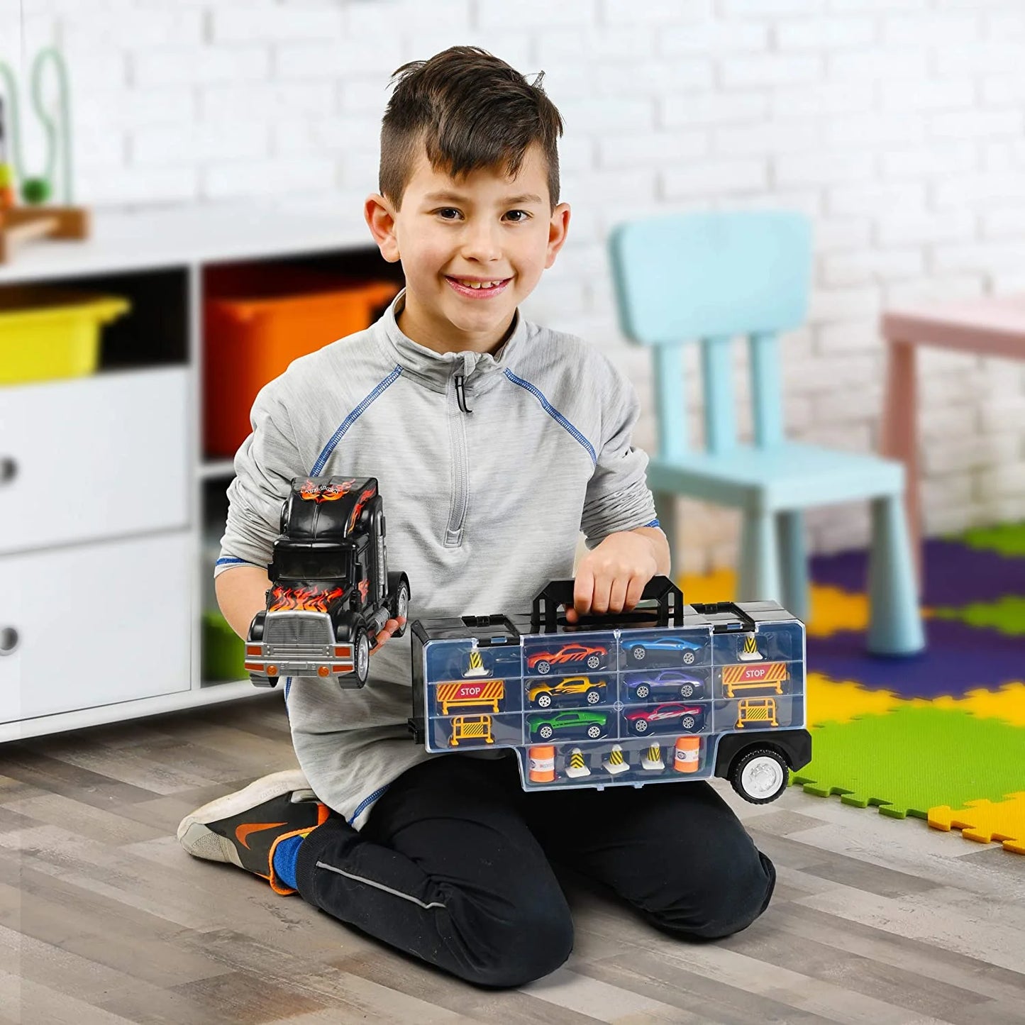 Toy Truck Transport Car Carrier - Toy Truck Includes 6 Toy Cars and Accessories - Toy Trucks Fits 28 Toy Car Slots - Great Car Toys Gift for Boys and Girls - Original by Usa