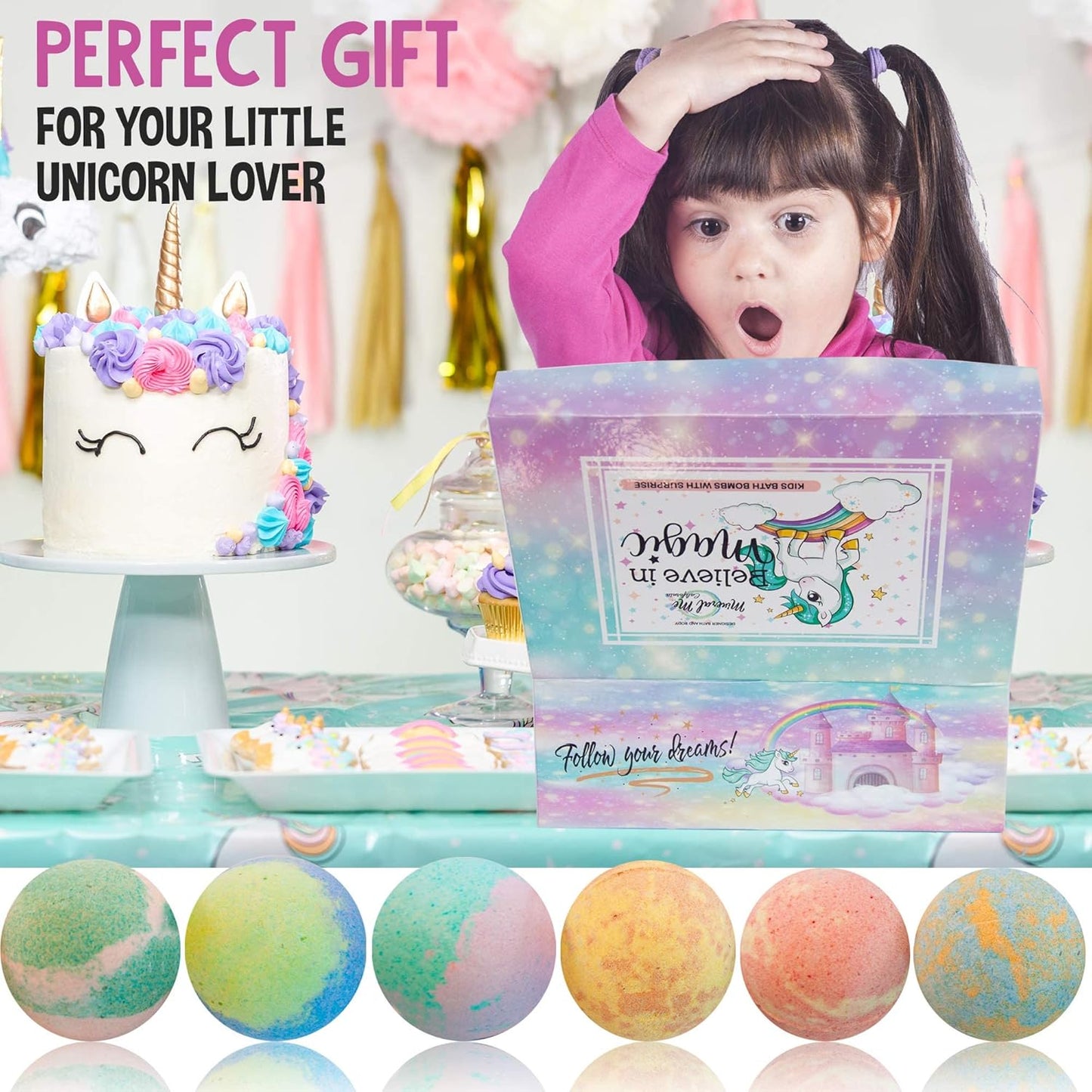 Unicorn Bath Bombs for Girls with Jewelry inside & Jewelry Box for Kids - Organic, Skin Moisturizing, Natural Bubble Bath Bombs for Kids with Surprise Toy Inside, Birthday Gifts for Girls