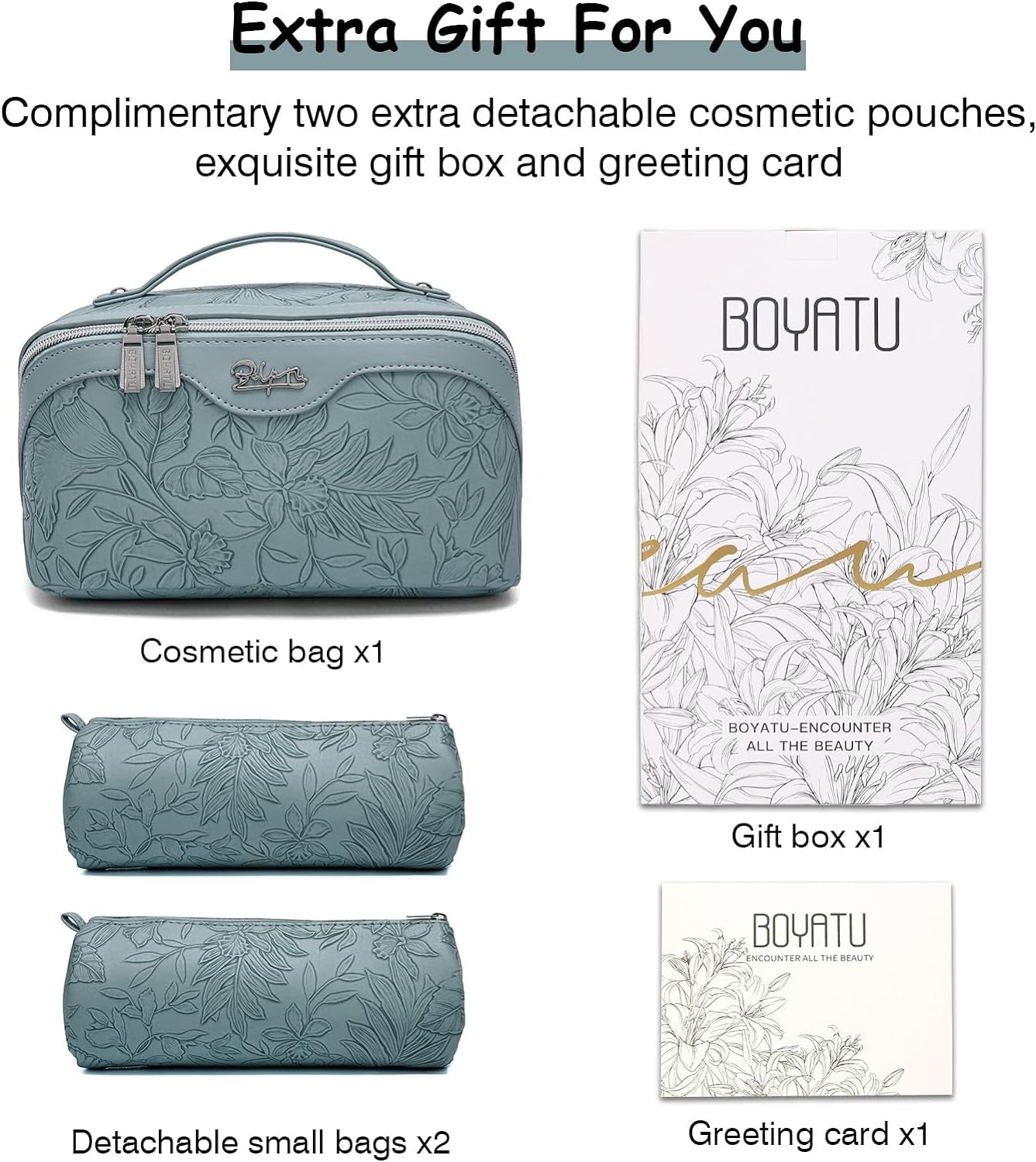 Travel Makeup Bags Cosmetic Organizer Bag: 3-Set Large Capacity Make up Bag - PU Leather Toiletry Bags for Women - Wide Open Portable Pouch with Divider & Handle (01-Light Blue)