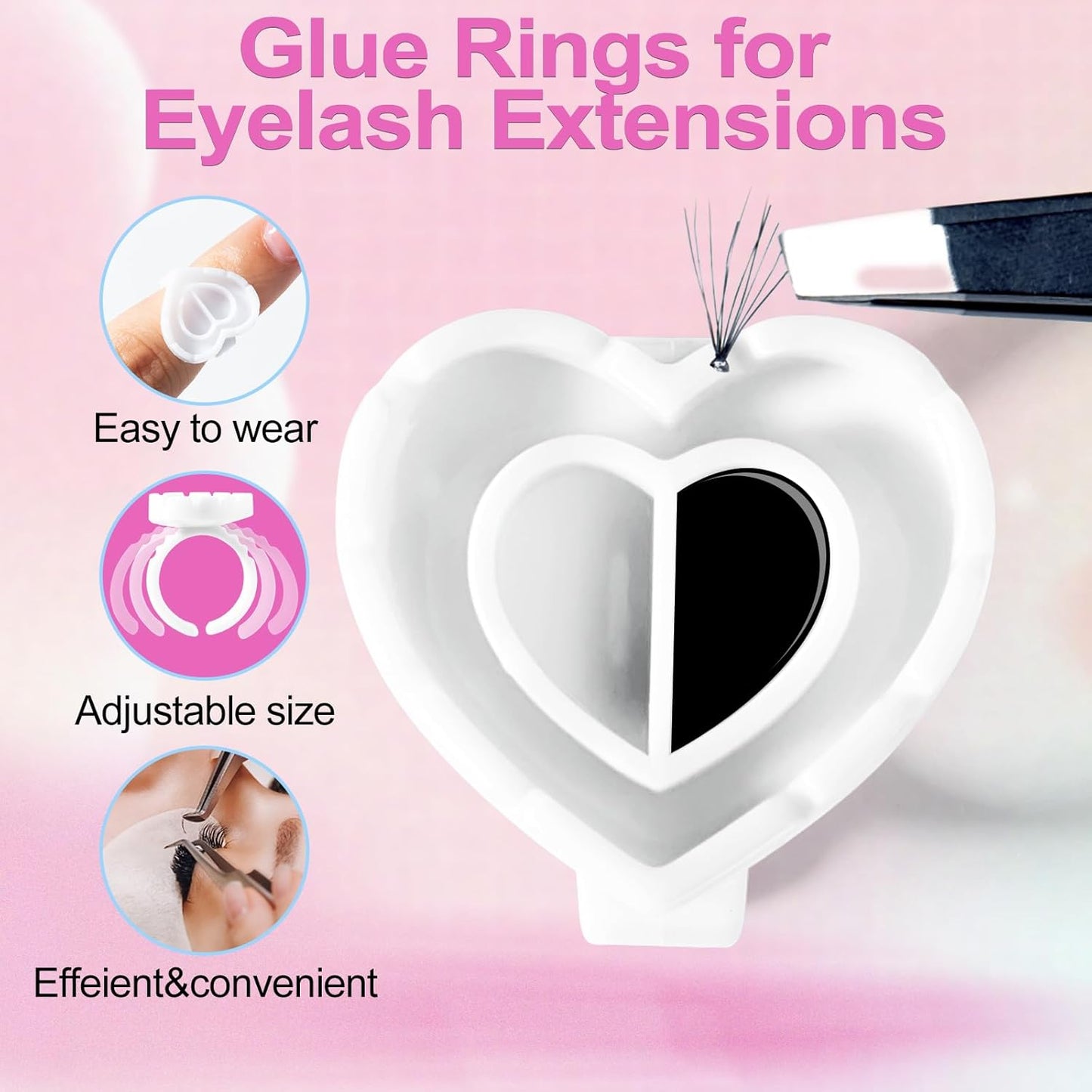 Glue Rings for Eyelash Extensions 100PCS Disposable Rings for Lashes Lovely Heart Shape, Makeup Plastic Nail Art Glue Cups Lash Extension Supplies for Eyelash Extensions White