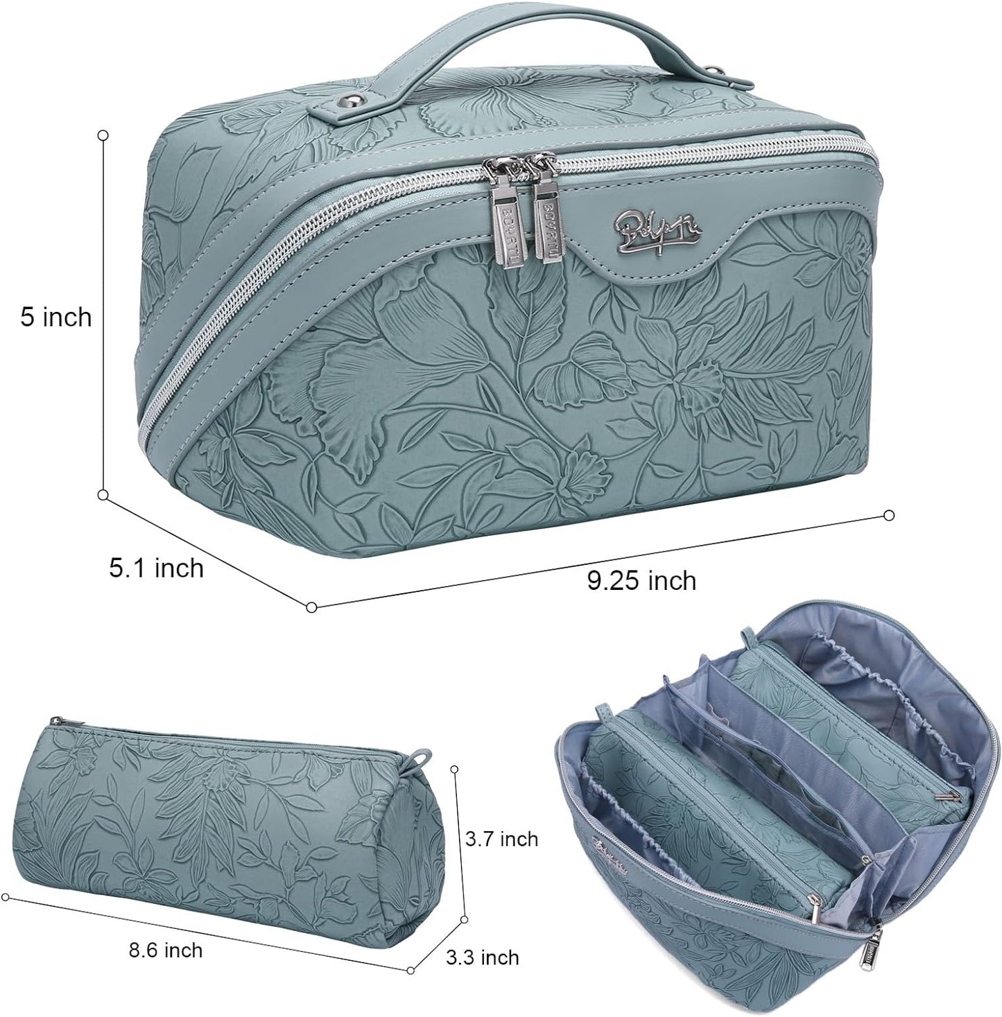 Travel Makeup Bags Cosmetic Organizer Bag: 3-Set Large Capacity Make up Bag - PU Leather Toiletry Bags for Women - Wide Open Portable Pouch with Divider & Handle (01-Light Blue)