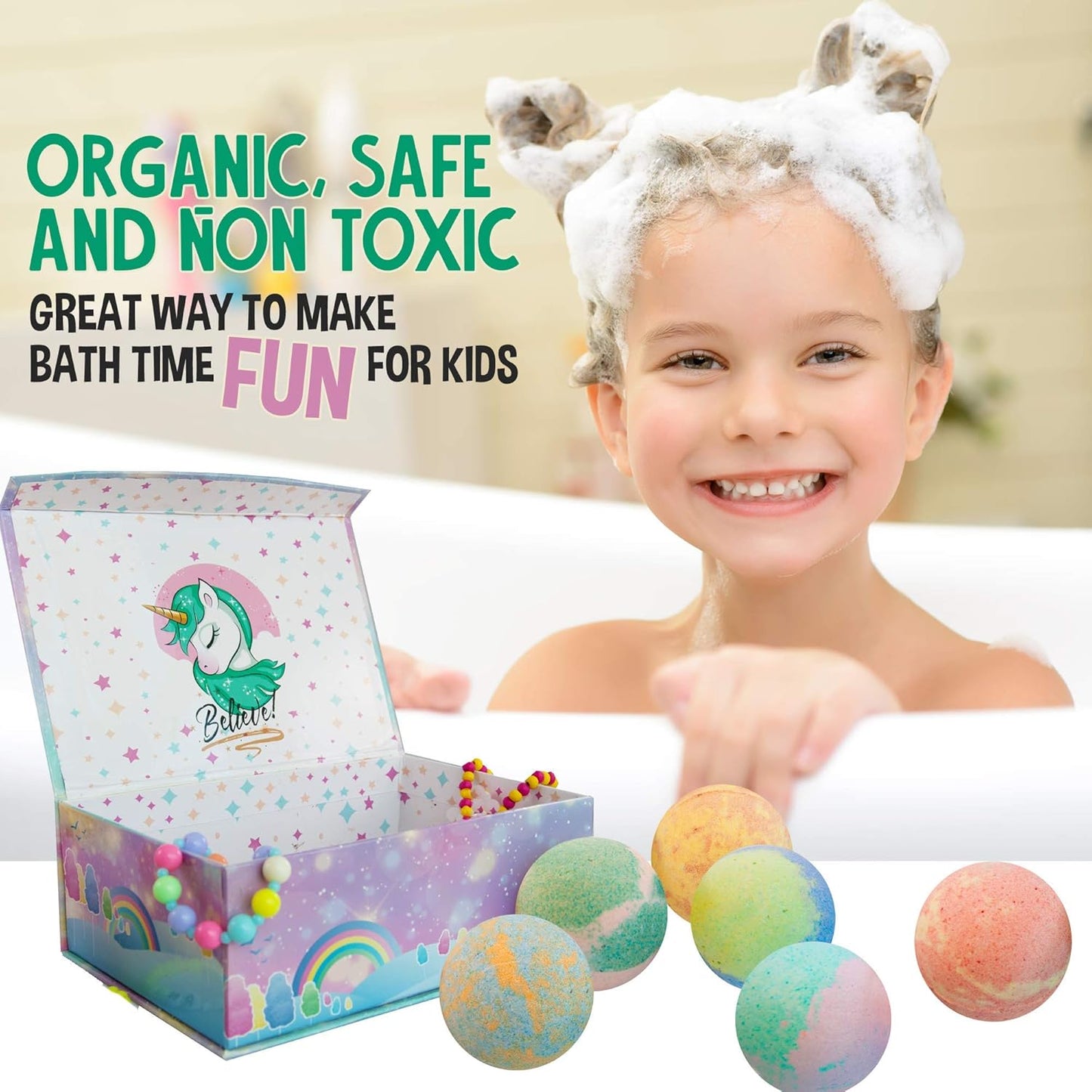 Unicorn Bath Bombs for Girls with Jewelry inside & Jewelry Box for Kids - Organic, Skin Moisturizing, Natural Bubble Bath Bombs for Kids with Surprise Toy Inside, Birthday Gifts for Girls