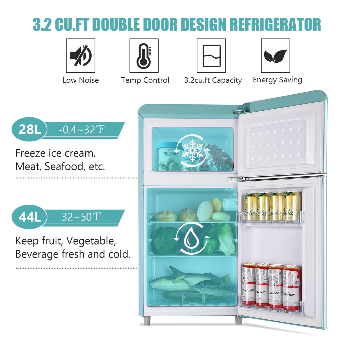 Compact Refrigerator 3.2 Cu.Ft 2 Door Mini Refrigerator Adjustable Glass Shelves Refrigerator Removable Shelves