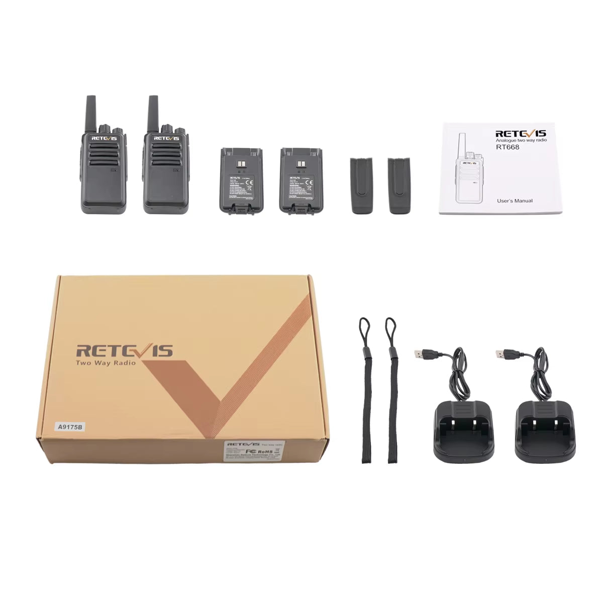 RT668 2 Pcs Rechargeable Walkie Talkie License Free Heavy Duty Long Range USB Charging Base for Road Trip Gifts Camping