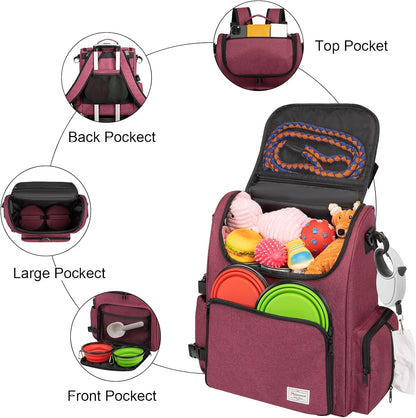 Dog Travel Bag Backpack, Airline Approved Pet Accessories Organizer for Dog and Cat with Shoulder Strap, 2 Dog Food Storage Containers, 2 Collapsible Dog Bowls,1 Pet Mat, Rose Red