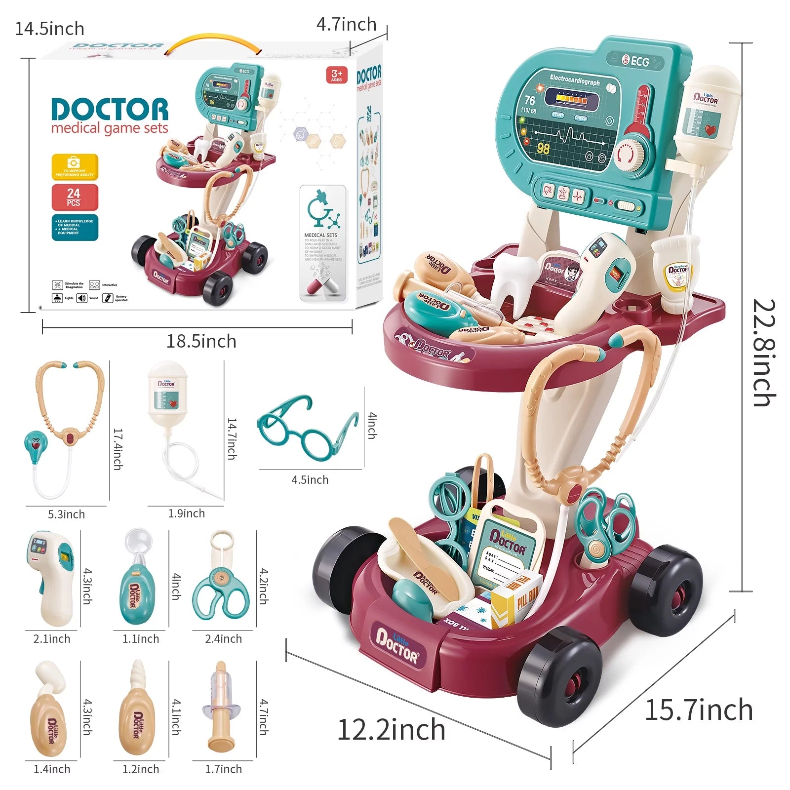 Aiqi Play Doctor Kit for Kids,Medical Kit Toy Cart with 24Pieces Accessories Doctor Play Set for Kids,Toddler Boys & Girls