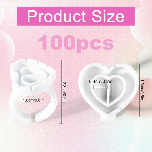 Glue Rings for Eyelash Extensions 100PCS Disposable Rings for Lashes Lovely Heart Shape, Makeup Plastic Nail Art Glue Cups Lash Extension Supplies for Eyelash Extensions White