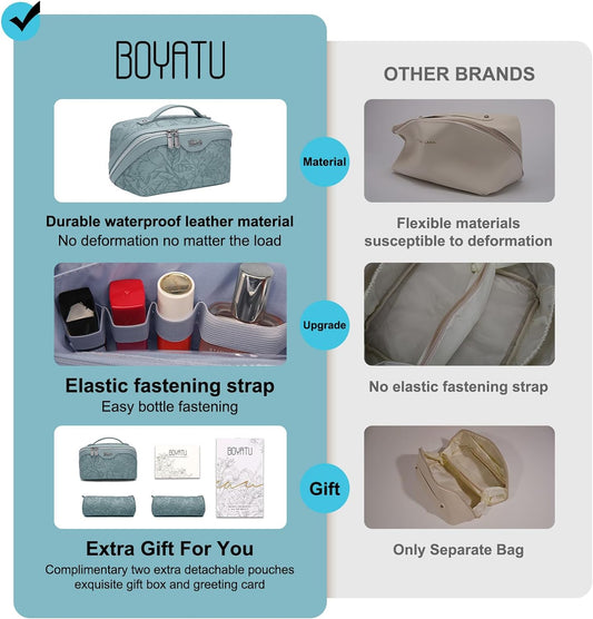Travel Makeup Bags Cosmetic Organizer Bag: 3-Set Large Capacity Make up Bag - PU Leather Toiletry Bags for Women - Wide Open Portable Pouch with Divider & Handle (01-Light Blue)