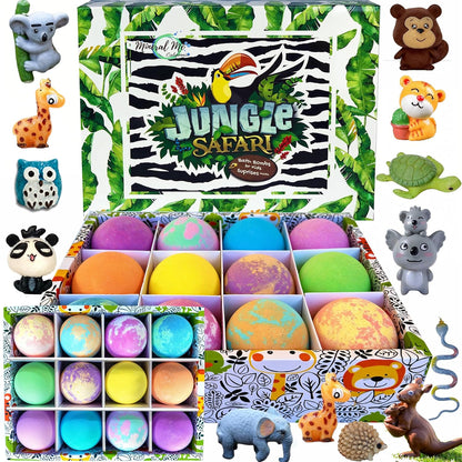 Bath Bombs for Kids with Surprise Inside, 12 Organic Bubble Bath Fizzies with Jungle Animal Toys. Moisturizing, Gentle & Kids Safe, Rainbow Spa Bath Fizz, Birthday Gifts for Boys, Girls