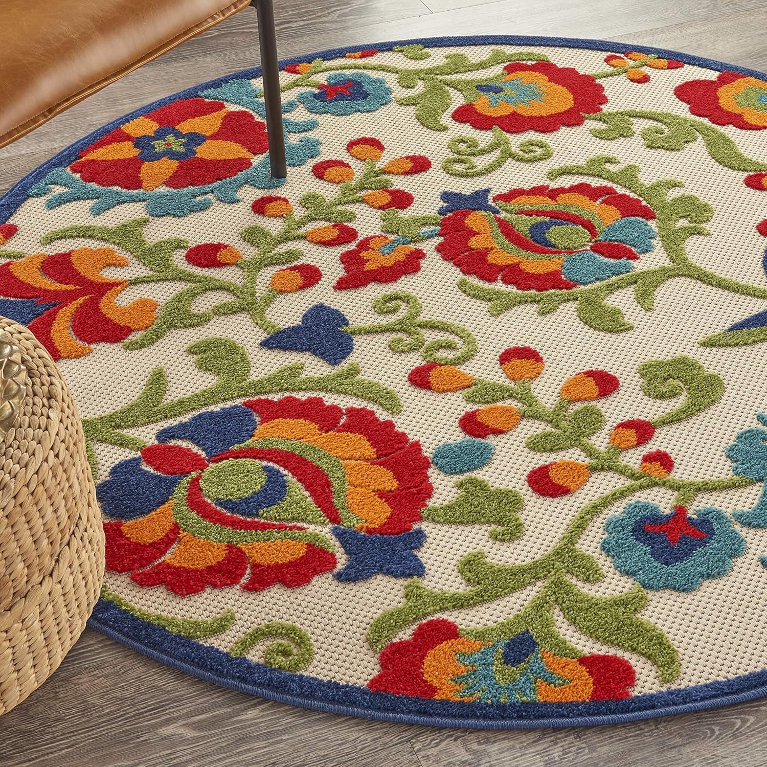 Nourison Aloha Indoor/Outdoor Multicolor 4' X round Area Rug, Easy Cleaning, Non Shedding, Bed Room, Living Room, Dining Room, Backyard, Deck, Patio (4 Round)