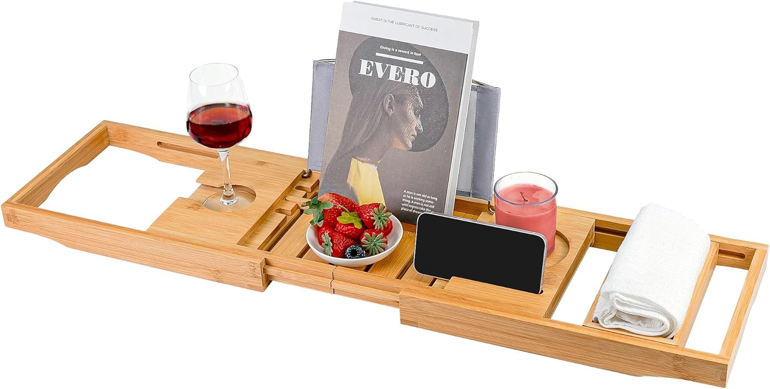 Bamboo Bathtub Caddy Tray Bath Tray for Tub, Adjustable Bathroom Bathtub Organizer with Book Tablet Wine Glass Cup Towel Holder