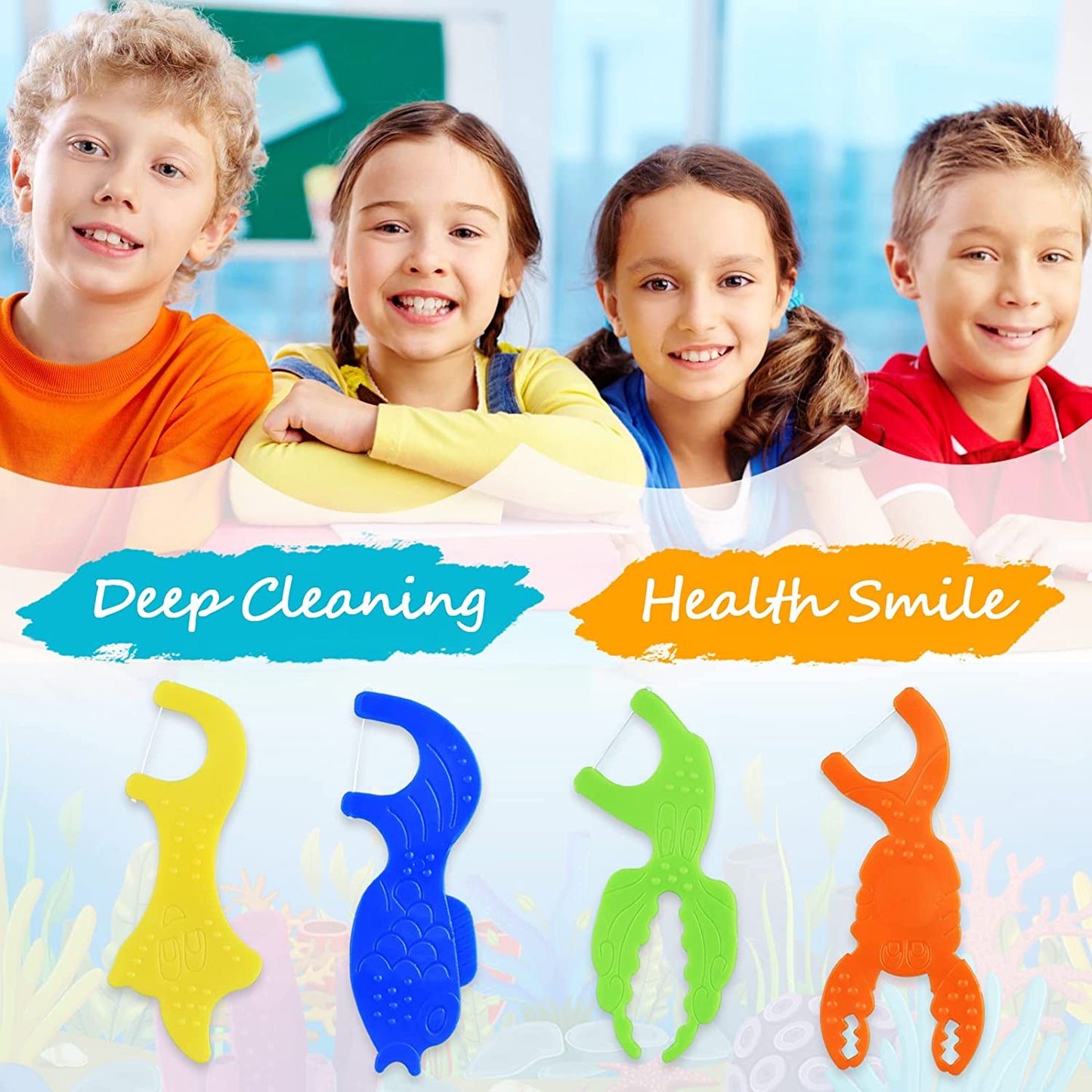 Kids Flossers, Kids Dental Floss Picks without Fluoride, Unflavored, 4 Colors Ocean Animals Shaped Makes Flossing Fun, 50 Count
