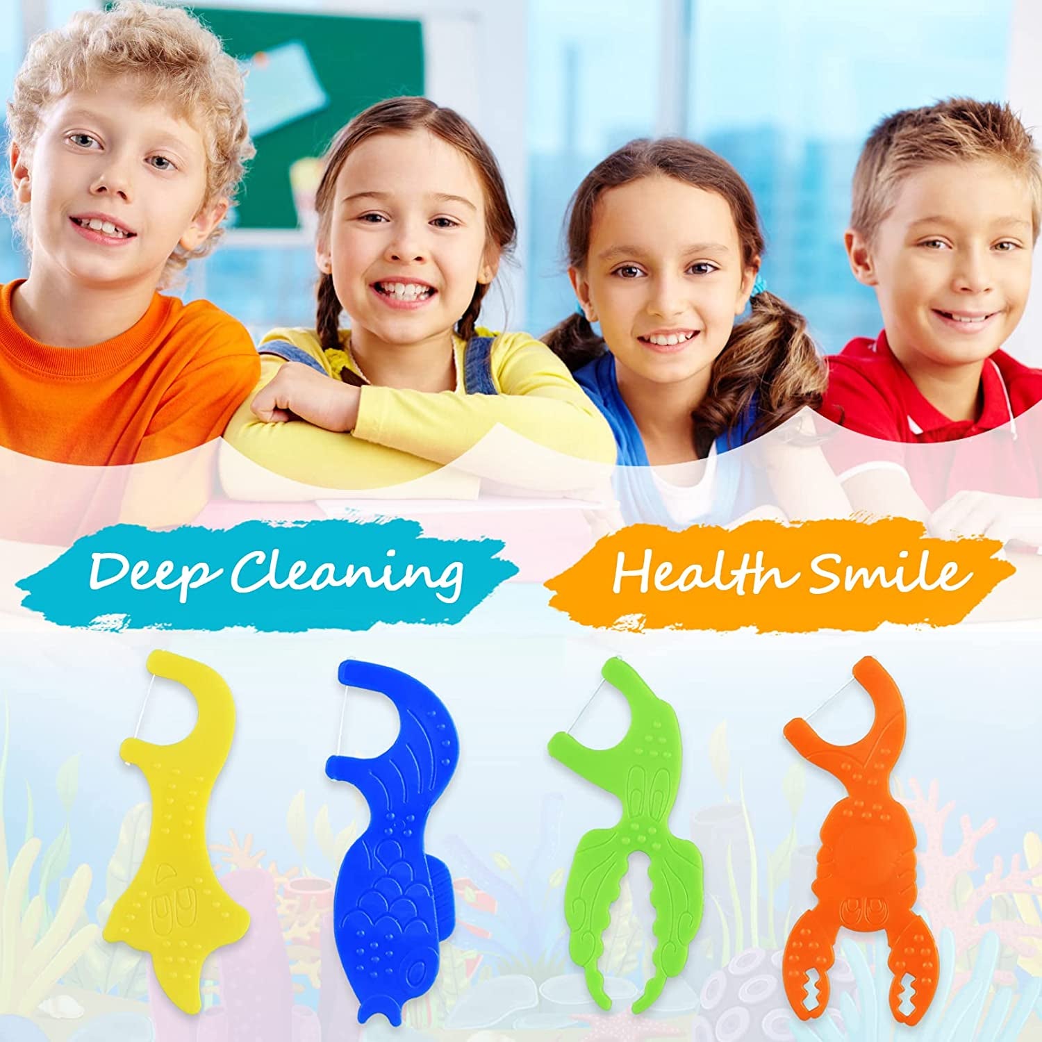 Kids Flossers, Kids Dental Floss Picks without Fluoride, Unflavored, 4 Colors Ocean Animals Shaped Makes Flossing Fun, 50 Count