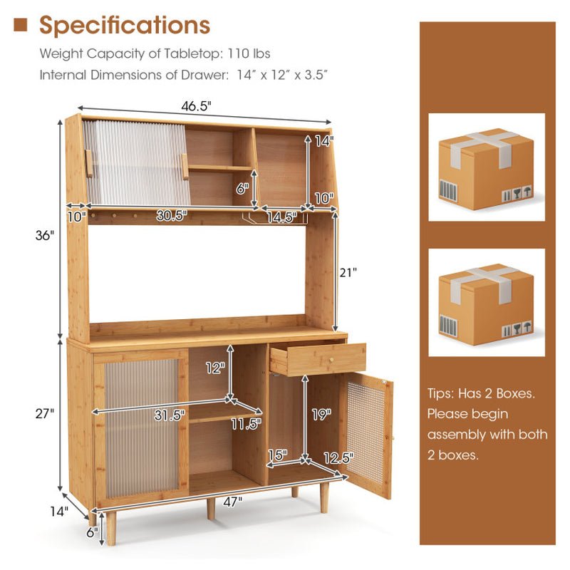 69 Inch Wine Bar Kitchen Cabinet with Sliding Tempered Glass and Rattan Door