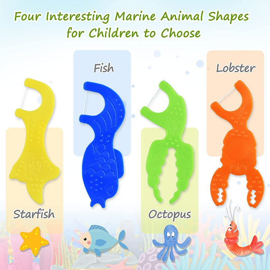 Kids Flossers, Kids Dental Floss Picks without Fluoride, Unflavored, 4 Colors Ocean Animals Shaped Makes Flossing Fun, 50 Count