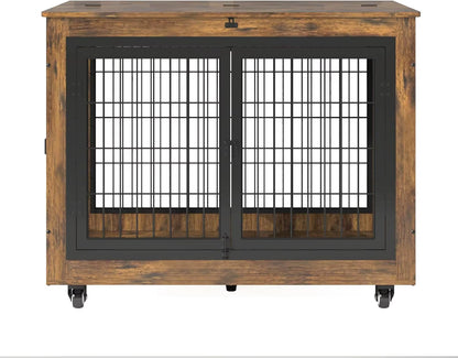 Dog Crate Furniture with Flip-Top, 38 Inch Double Doors Heavy Duty Dog Kennel Indoor with 360° Wheels End Table，Decorative Pet C