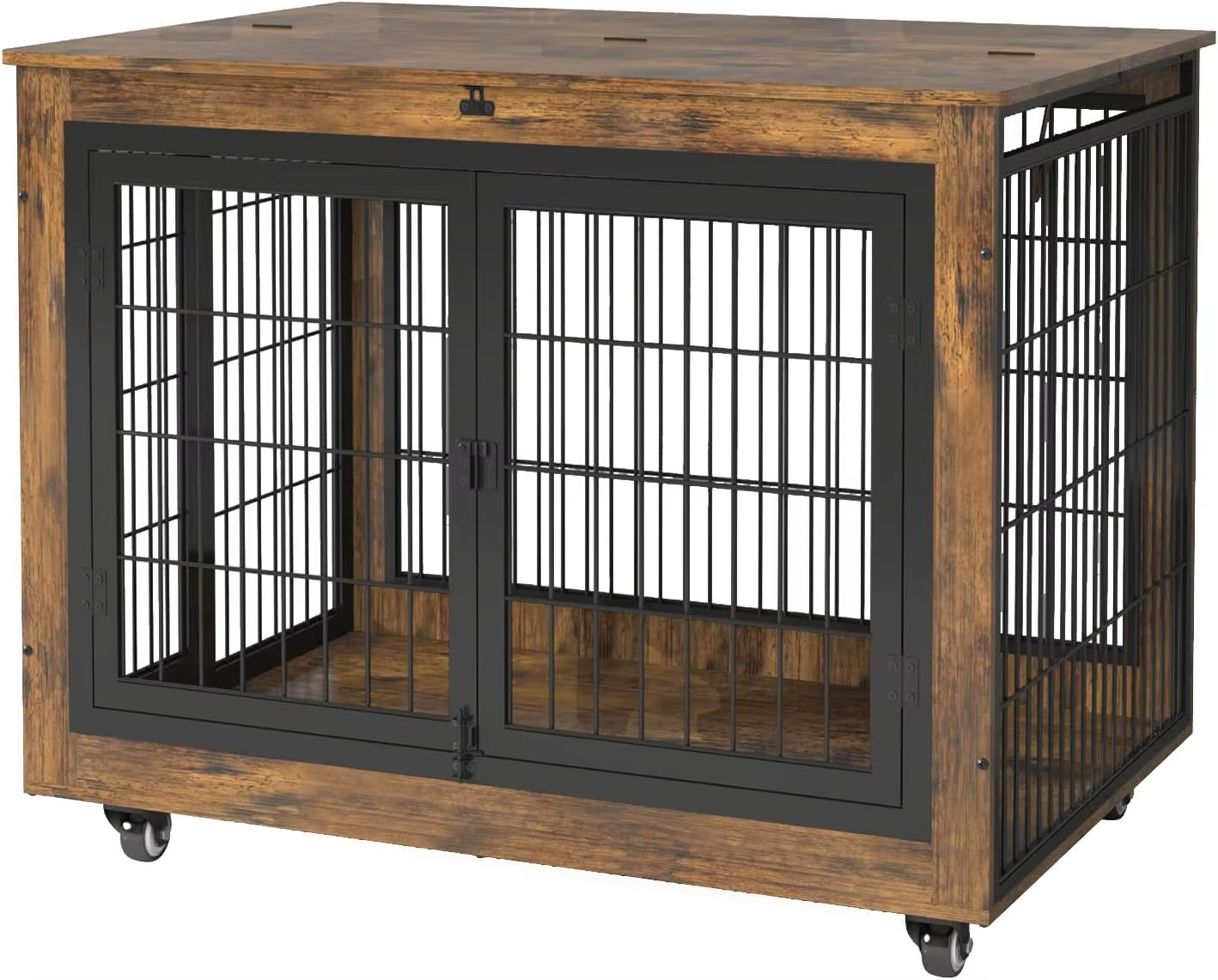 Dog Crate Furniture with Flip-Top, 38 Inch Double Doors Heavy Duty Dog Kennel Indoor with 360° Wheels End Table，Decorative Pet C