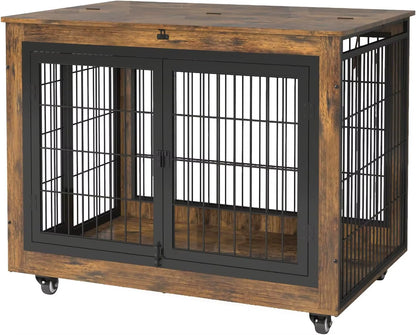 Dog Crate Furniture with Flip-Top, 38 Inch Double Doors Heavy Duty Dog Kennel Indoor with 360° Wheels End Table，Decorative Pet C