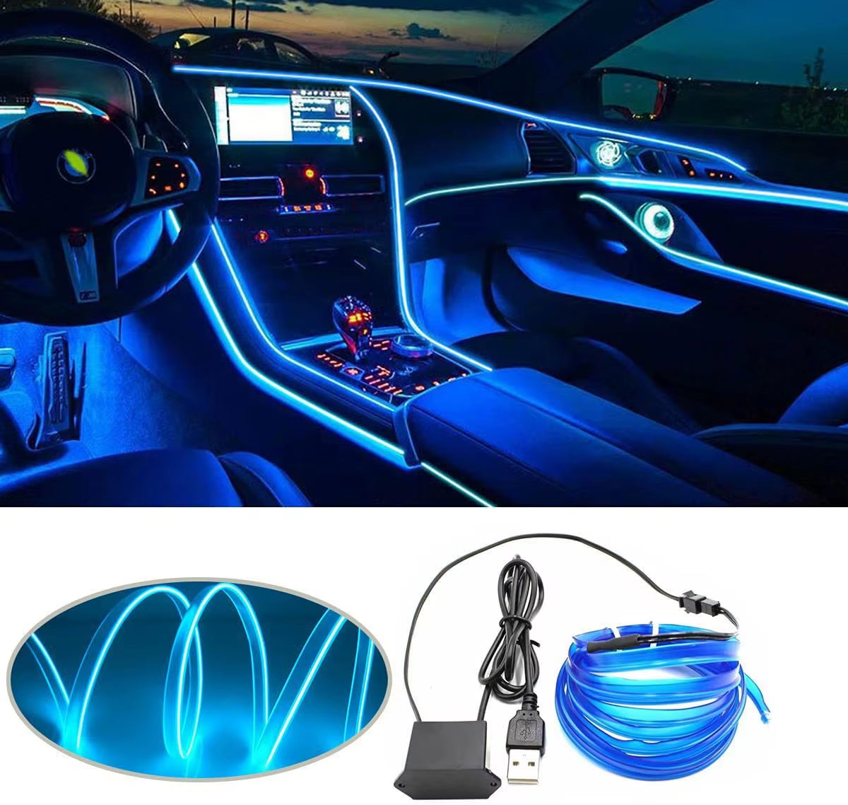 5M LED Car Interior Decoration Light USB Drive Ambient Lamp EL Wiring Neon Strip for Auto DIY Flexible Ambient Lighting