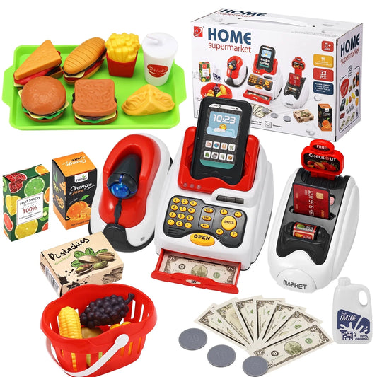 Toy Cash Register for Kids, Pretend Play Cash Register with Scanner, Credit Reader, Grocery Store Checkout Game Toys for Toddler Boys & Girls Age 3 4 5 6 Years Old