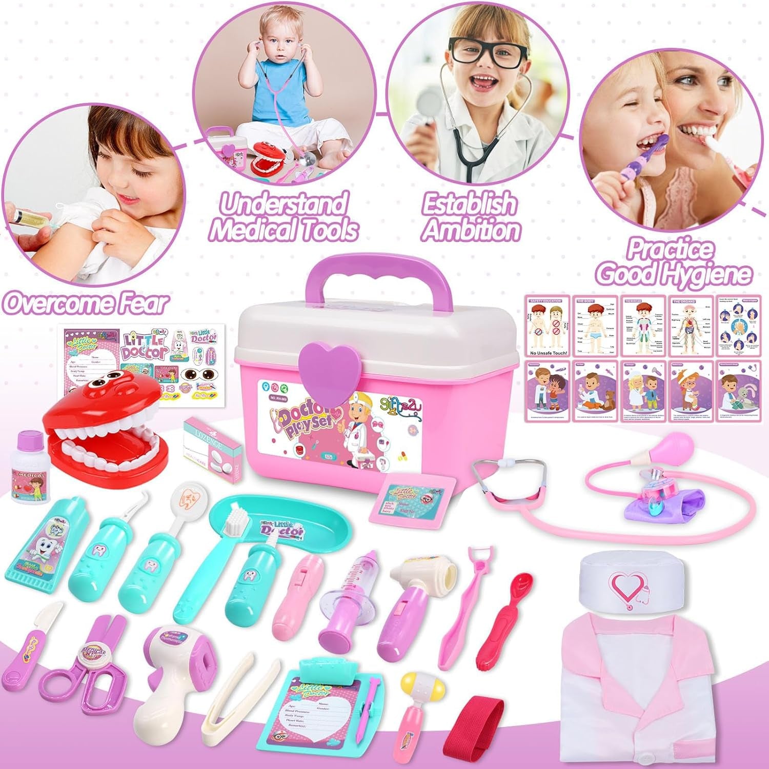 Doctor Kit for Toddlers 3-5, Medical Pretend Play Toys with Gift Case, 42 Piece Dentist Playset Kit for Kids,For Christmas Birthday Gift(Pink)