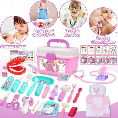 Doctor Kit for Toddlers 3-5, Medical Pretend Play Toys with Gift Case, 42 Piece Dentist Playset Kit for Kids,For Christmas Birthday Gift(Pink)