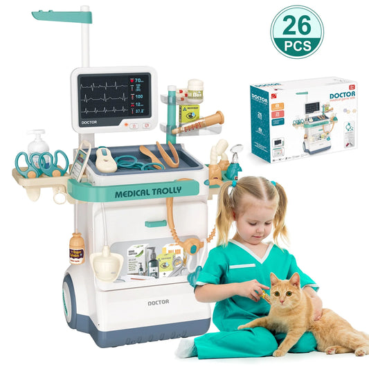 Doctor Kit for Kids Doctor Set Pretend Play Medical Kit Station Set for Girls Boys Dr. Playset Role Play Mobile Cart Trolley for Toddler Toys Christmas Gift, 26 PCS
