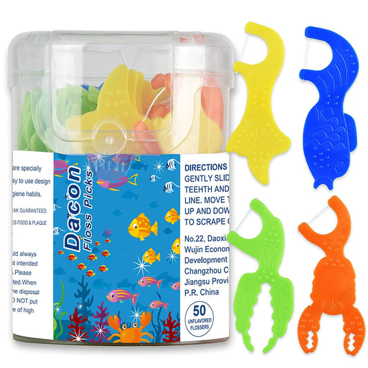 Kids Flossers, Kids Dental Floss Picks without Fluoride, Unflavored, 4 Colors Ocean Animals Shaped Makes Flossing Fun, 50 Count