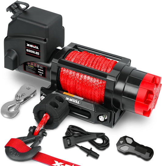 Winch 12V 6000Lbs Boat Trailer Winch with Remote Synthetic Rope 1/4 in X 55 Ft Hook Wireless Remote Handlebar Switch, Automatic Braking, Waterproof, for ATV UTV Powersports off Road