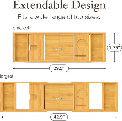 Bathtub Tray Caddy - Premium Bamboo Expandable Bath Tub Tray Table, Luxurious Wooden Bath Caddy for Books, Tablets, Wine, Bathroom Accessories, Spa Essentials, Housewarming, Wedding