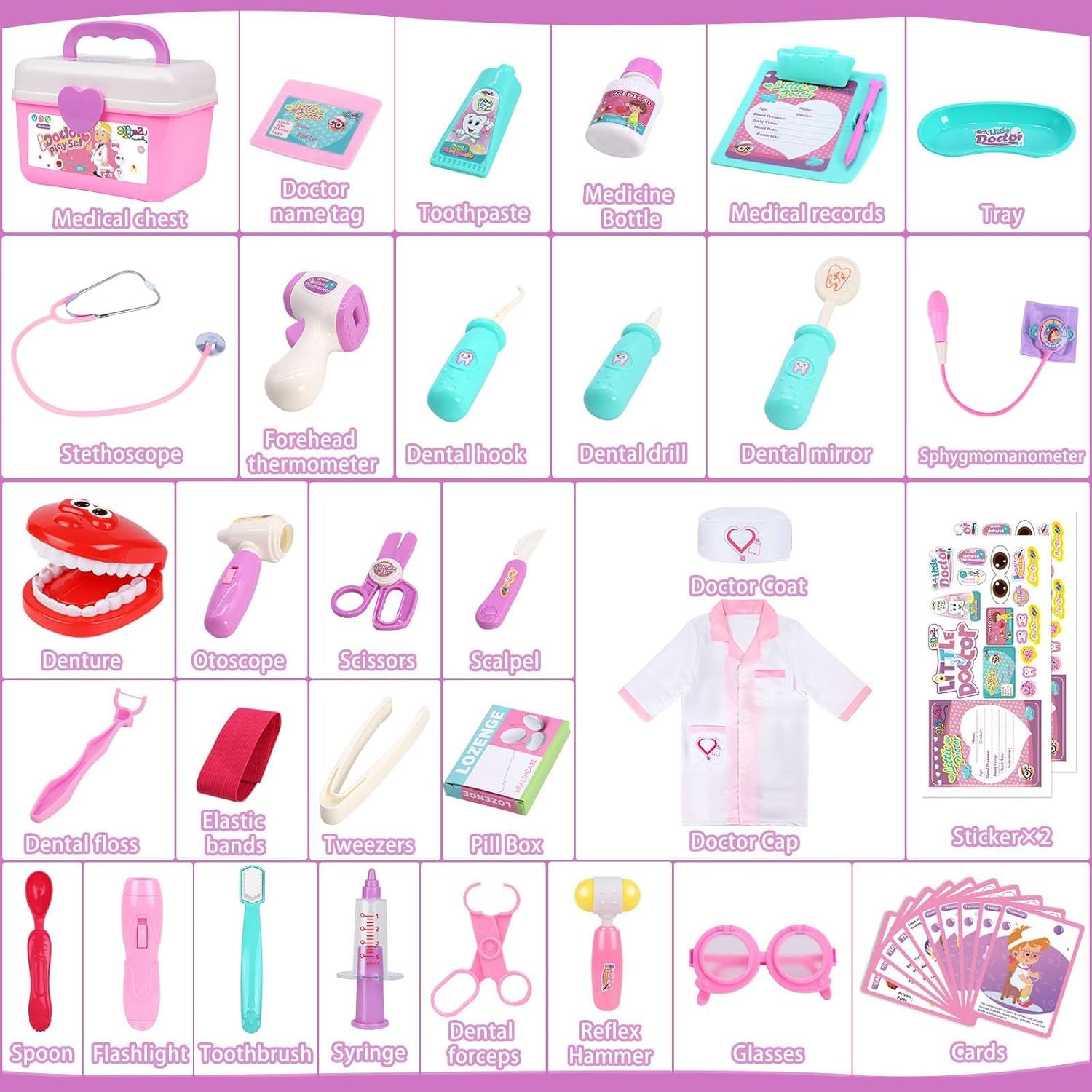 Doctor Kit for Toddlers 3-5, Medical Pretend Play Toys with Gift Case, 42 Piece Dentist Playset Kit for Kids,For Christmas Birthday Gift(Pink)