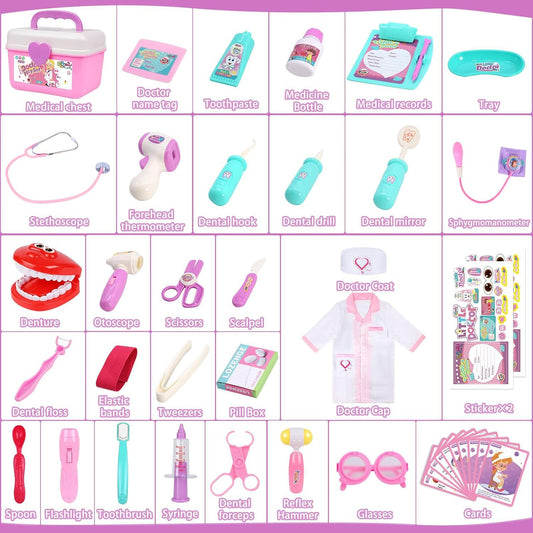 Doctor Kit for Toddlers 3-5, Medical Pretend Play Toys with Gift Case, 42 Piece Dentist Playset Kit for Kids,For Christmas Birthday Gift(Pink)