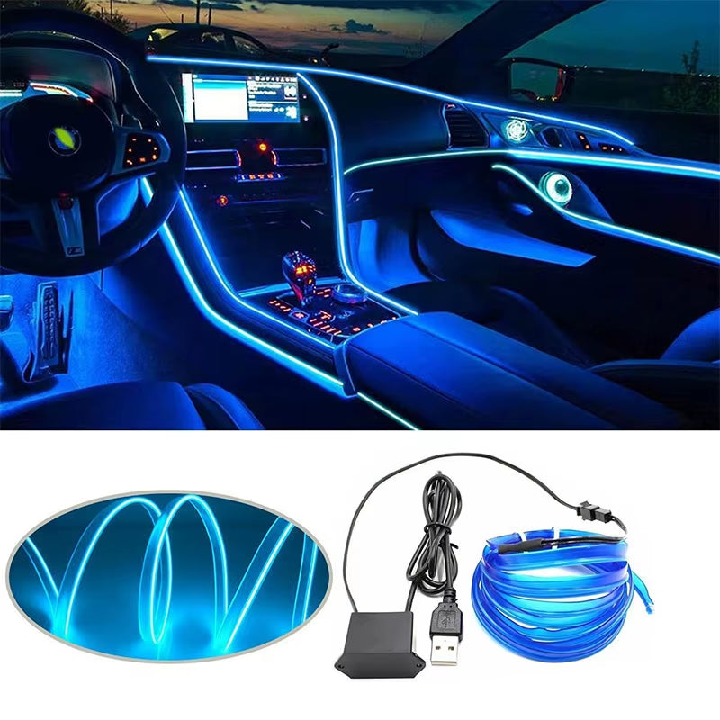 5M LED Car Interior Decoration Light USB Drive Ambient Lamp EL Wiring Neon Strip for Auto DIY Flexible Ambient Lighting