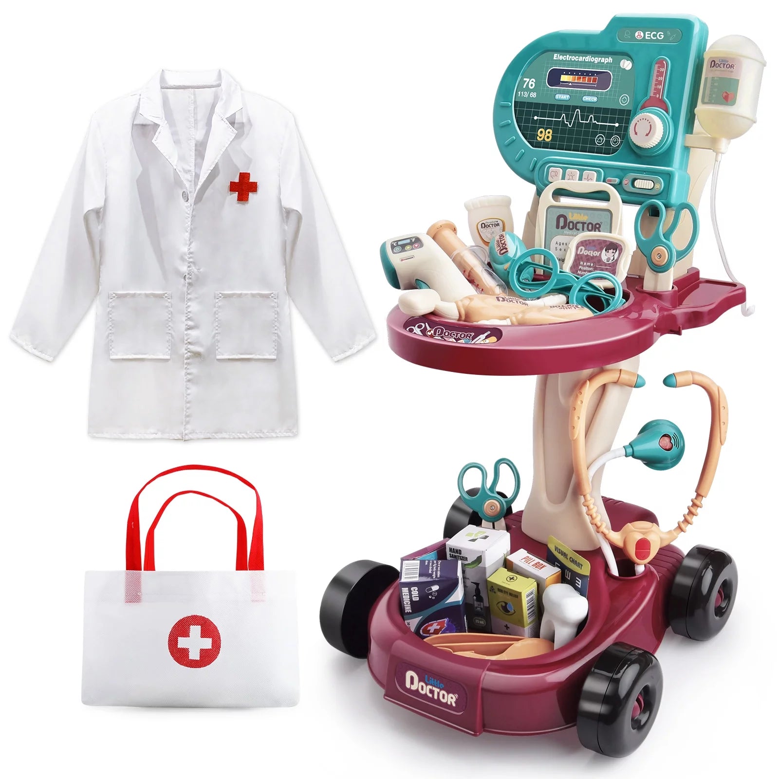 Aiqi Play Doctor Kit for Kids,Medical Kit Toy Cart with 24Pieces Accessories Doctor Play Set for Kids,Toddler Boys & Girls
