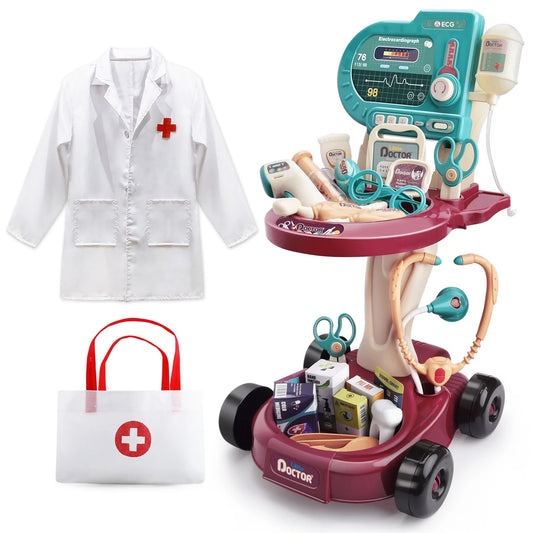Aiqi Play Doctor Kit for Kids,Medical Kit Toy Cart with 24Pieces Accessories Doctor Play Set for Kids,Toddler Boys & Girls