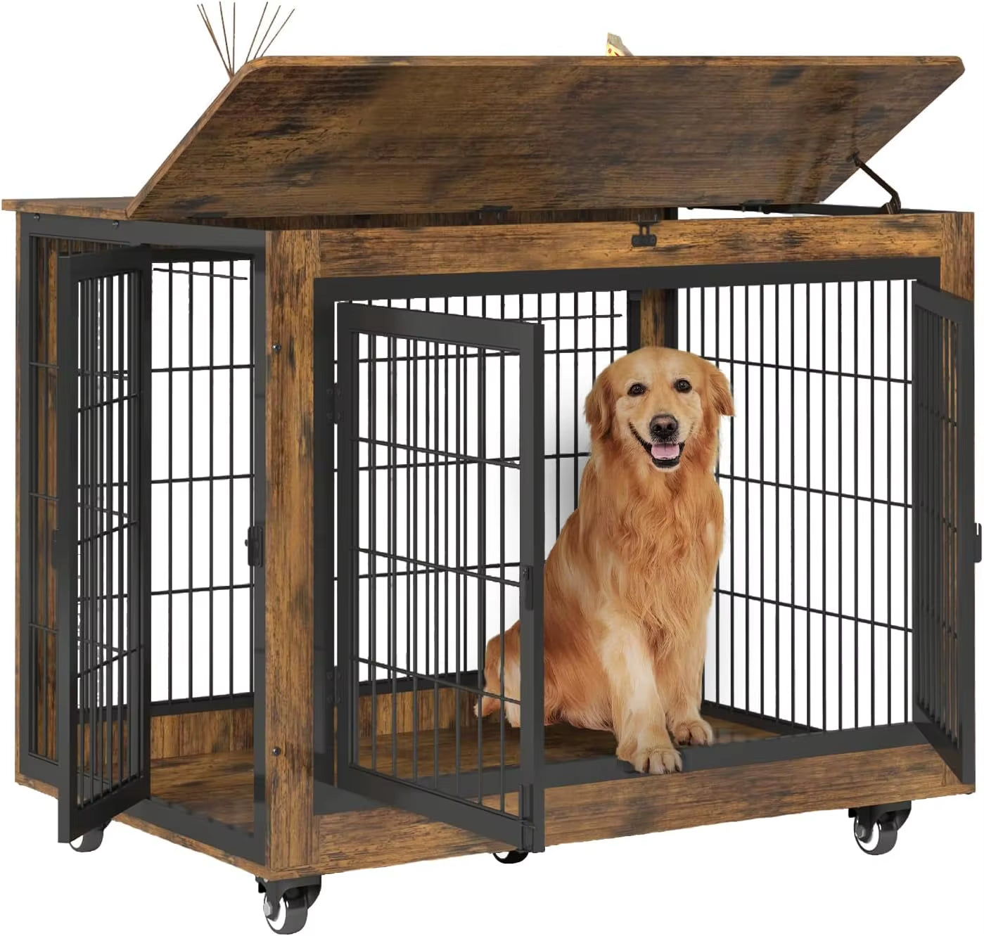 Dog Crate Furniture with Flip-Top, 38 Inch Double Doors Heavy Duty Dog Kennel Indoor with 360° Wheels End Table，Decorative Pet C