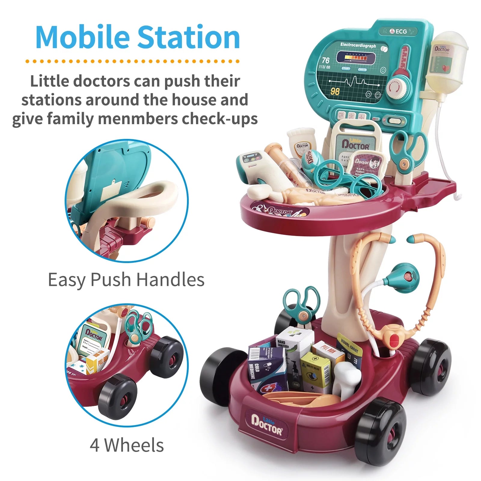Aiqi Play Doctor Kit for Kids,Medical Kit Toy Cart with 24Pieces Accessories Doctor Play Set for Kids,Toddler Boys & Girls
