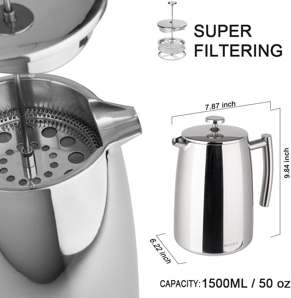 French Press Coffee Maker, 50-Ounce, 304 Stainless Steel Insulated Coffee Press with Extra Screen
