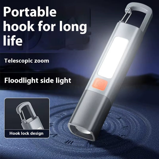 Strong Lighting ABS Flashlamp USB Charging Portable Outdoor Small Flashlight Camping Hanging Lamp Telescopic Focus COB Side Lamp