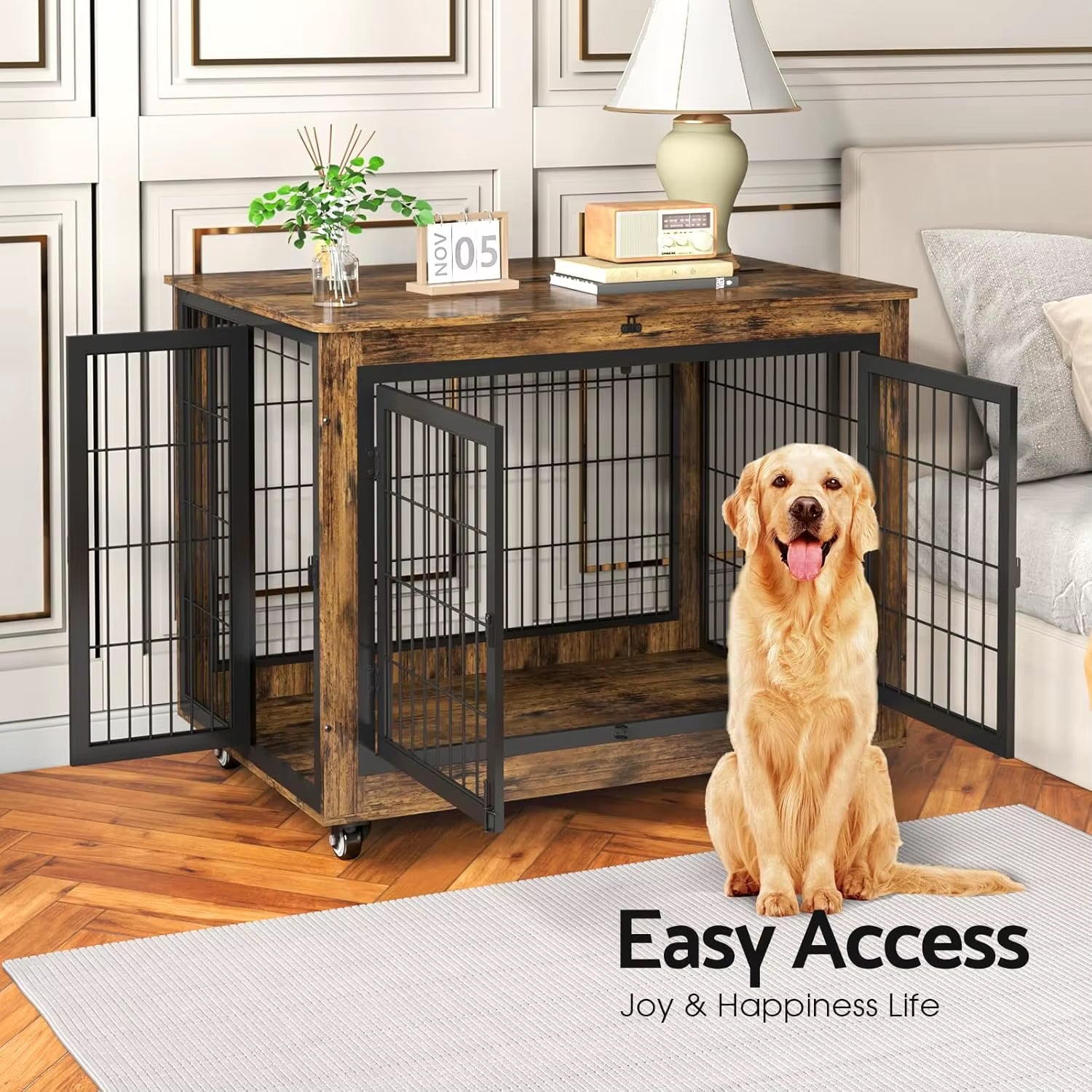 Dog Crate Furniture with Flip-Top, 38 Inch Double Doors Heavy Duty Dog Kennel Indoor with 360° Wheels End Table，Decorative Pet C