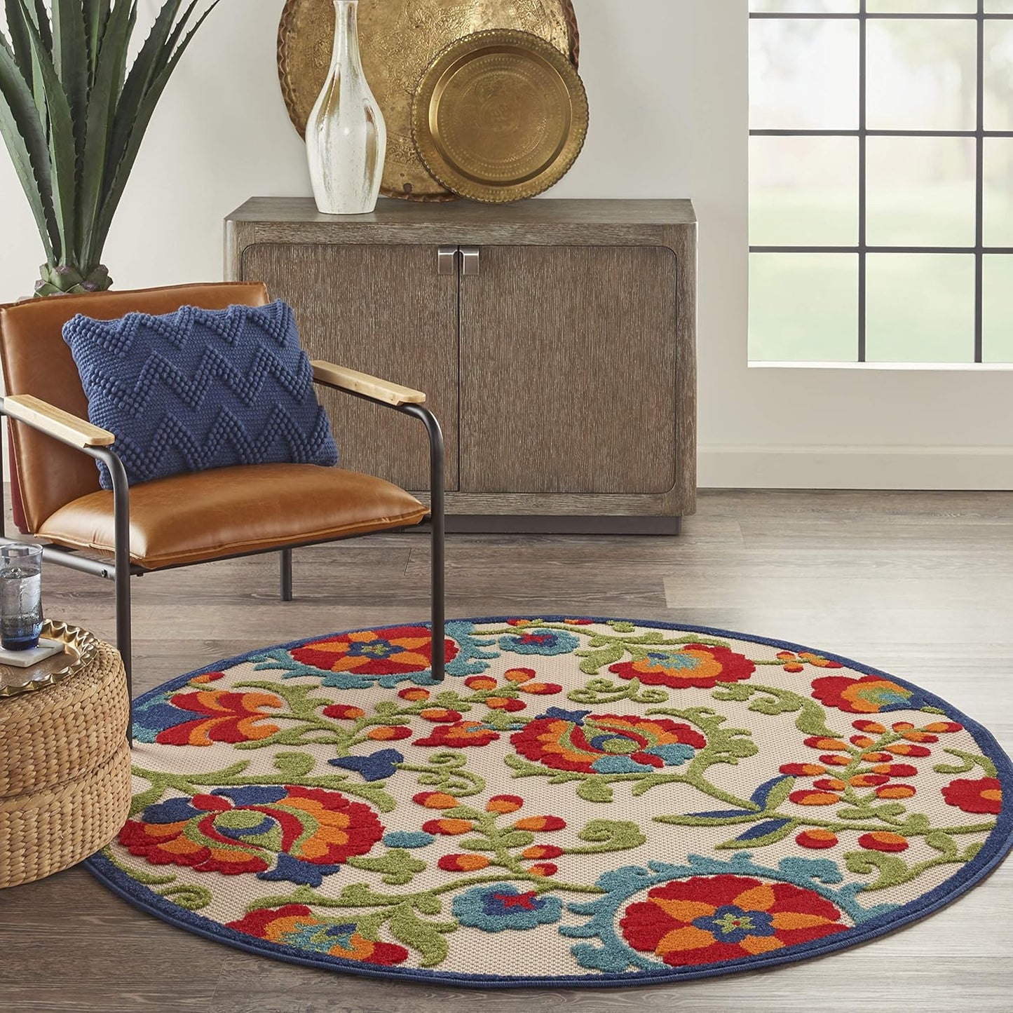 Nourison Aloha Indoor/Outdoor Multicolor 4' X round Area Rug, Easy Cleaning, Non Shedding, Bed Room, Living Room, Dining Room, Backyard, Deck, Patio (4 Round)