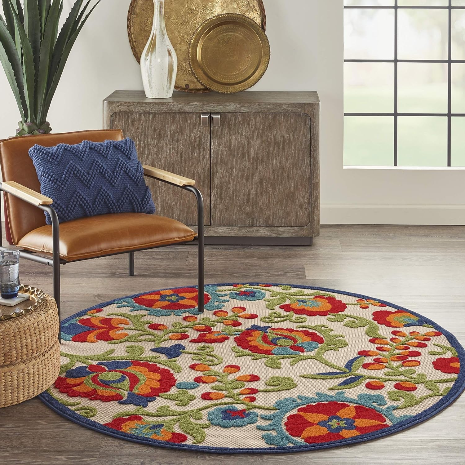 Nourison Aloha Indoor/Outdoor Multicolor 4' X round Area Rug, Easy Cleaning, Non Shedding, Bed Room, Living Room, Dining Room, Backyard, Deck, Patio (4 Round)